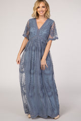 PinkBlush Blue Lace Mesh Overlay Maternity Maxi Dress