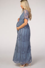 PinkBlush Blue Lace Mesh Overlay Maternity Maxi Dress