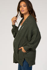 Olive Knit Open Front Bubble Sleeve Maternity Sweater