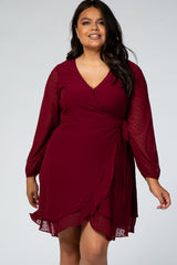 Burgundy Long Sleeve Double Layer Wrap Plus Dress