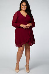 Burgundy Long Sleeve Double Layer Wrap Plus Dress