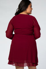 Burgundy Long Sleeve Double Layer Wrap Plus Dress