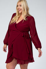 Burgundy Long Sleeve Double Layer Wrap Maternity Plus Dress