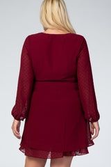 Burgundy Long Sleeve Double Layer Wrap Maternity Plus Dress