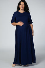 Navy Blue Ruffle Short Sleeve Maternity Plus Maxi Dress