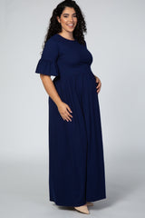 Navy Blue Ruffle Short Sleeve Maternity Plus Maxi Dress