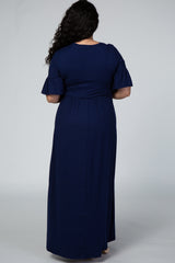 Navy Blue Ruffle Short Sleeve Maternity Plus Maxi Dress