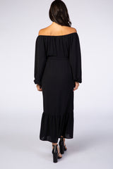 Black Long Sleeve Chiffon Tie Waist Ruffle Bottom Dress