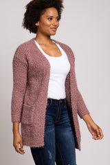 Mauve Soft Popcorn Knit Front Pocket Cardigan