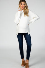 Ivory Turtleneck Hi-Low Side Slit Knit Maternity Sweater