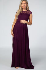 Purple Lace Neck Maternity Maxi Dress