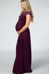 Purple Lace Neck Maternity Maxi Dress