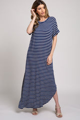 Navy Striped Short Sleeve Side Slit Maternity Maxi Dress