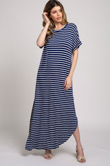 Navy Striped Short Sleeve Side Slit Maxi Dress
