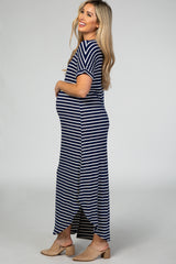 Navy Striped Short Sleeve Side Slit Maternity Maxi Dress