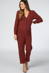 Rust Long Sleeve Button Front Maternity Jumpsuit