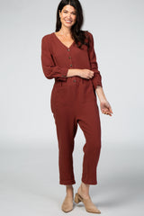 Rust Long Sleeve Button Front Maternity Jumpsuit