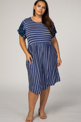 Blue  Short Sleeve Crew Neck Maternity Plus Dress