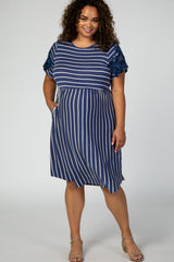 Blue  Short Sleeve Crew Neck Maternity Plus Dress