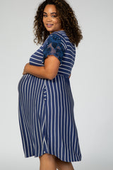 Blue  Short Sleeve Crew Neck Maternity Plus Dress