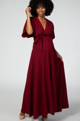 Burgundy Wrap Tie Pleated Maternity Maxi Dress
