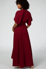 Burgundy Wrap Tie Pleated Maternity Maxi Dress