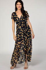 Navy Blue Floral Hi-Low Wrap Maxi Dress