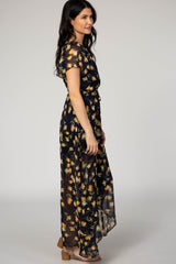 Navy Blue Floral Hi-Low Wrap Maxi Dress