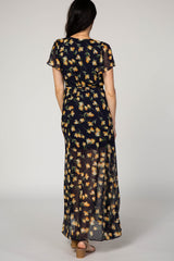 Navy Blue Floral Hi-Low Wrap Maxi Dress