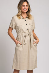 Taupe Collared Waist Tie Midi Dress