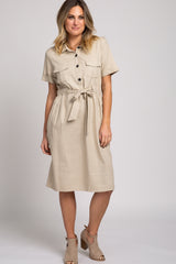 Taupe Collared Waist Tie Midi Dress