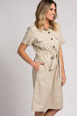 Taupe Collared Waist Tie Midi Dress