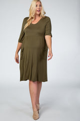 Olive 3/4 Sleeve Round Neck Plus Maternity Midi Dress