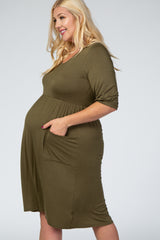 Olive 3/4 Sleeve Round Neck Plus Maternity Midi Dress