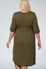 Olive 3/4 Sleeve Round Neck Plus Maternity Midi Dress