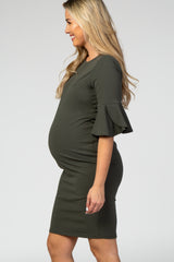 PinkBlush Olive Fitted Ruffle Sleeve Maternity Dress