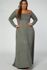 Olive Solid Off Shoulder Plus Maxi Dress