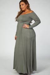 Olive Solid Off Shoulder Plus Maxi Dress