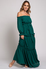 Forest Green Tiered Off Shoulder Maternity Maxi Dress
