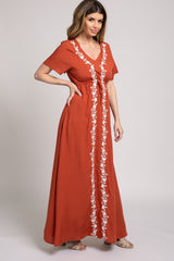 Rust Floral Embroidered Maxi Dress