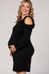 Black Ruffle Trim Puff Sleeve Plus Maternity Dress