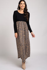 Black Long Sleeve Empire Waist Cheetah Print Maternity Maxi Dress