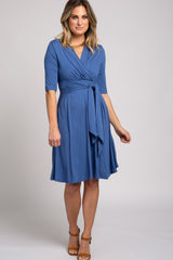 Blue 3/4 Sleeve V-Neck Front Tie Maternity Nursing Dress