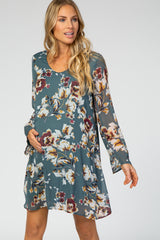 Teal Long Sleeve Floral Chiffon Maternity Dress