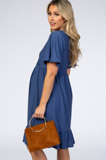 PinkBlush Blue Textured Polka Dot Ruffle Hem Short Sleeve Maternity Dress