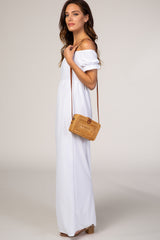 PinkBlush White Off Shoulder Textured Polka Dot Short Sleeve Maxi Dress