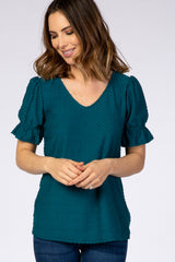 Teal Swiss Dot Puff Ruffle Short Sleeve Maternity Top