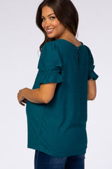 Teal Swiss Dot Puff Ruffle Short Sleeve Maternity Top
