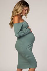 PinkBlush Dusty Green One Shoulder Fitted Midi Maternity Dress