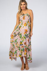 Pink Floral Ruffle Hem Maternity Maxi Dress